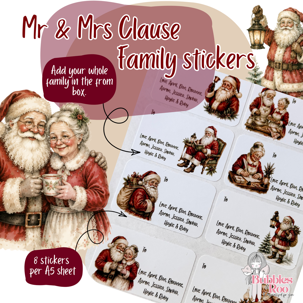 Mr & Mrs Clause Family | Christmas Present Labels | Group Stickers | Easy Packing