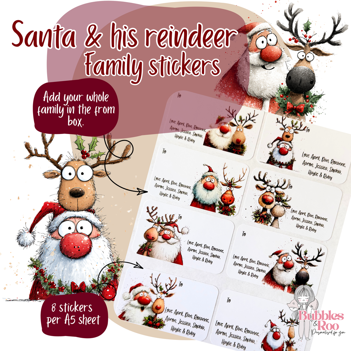 Santa and Reindeer Family | Christmas Present Labels | Group Stickers | Easy Packing