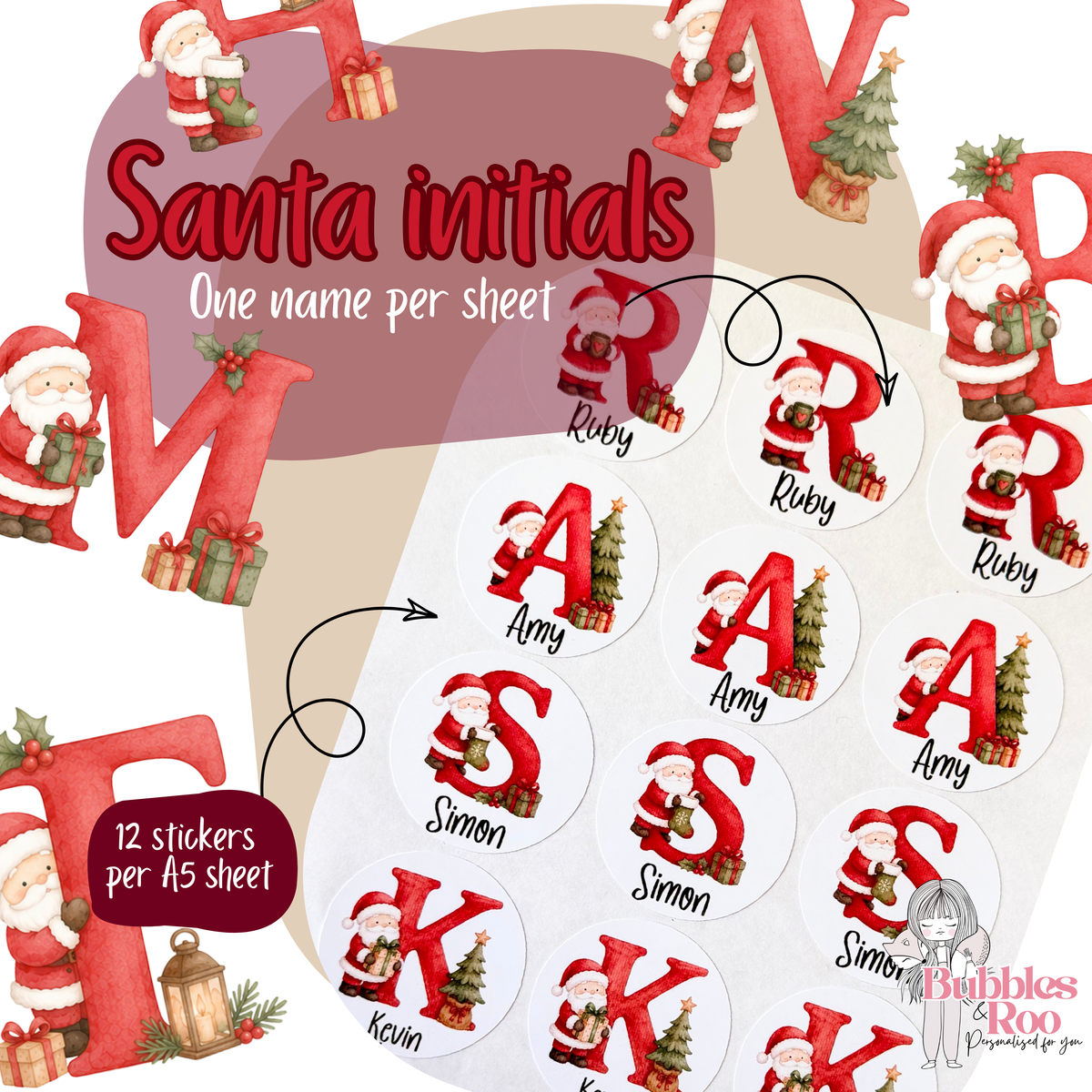Christmas Santa Initials | Christmas Present Labels | Name Stickers | Easy Packing