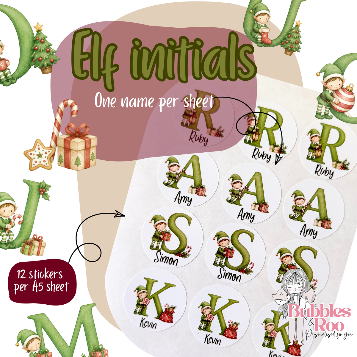 Christmas Elf Initials | Christmas Present Labels | Name Stickers | Easy Packing
