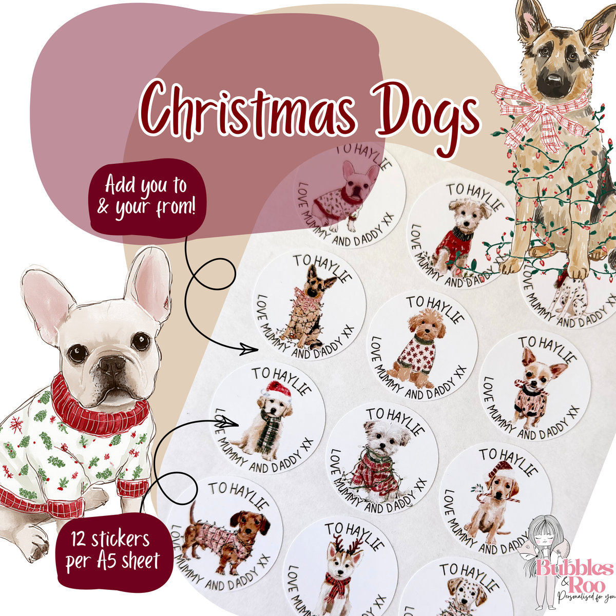 Christmas Dogs | Christmas Present Labels | Name Stickers | Easy Packing
