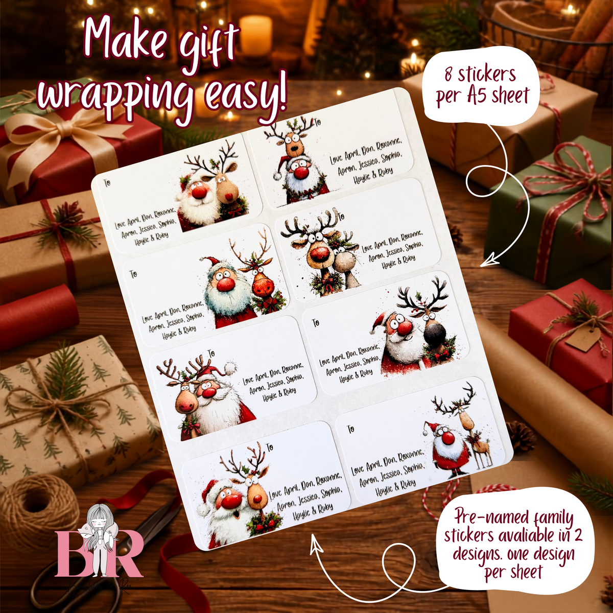 Santa and Reindeer Family | Christmas Present Labels | Group Stickers | Easy Packing