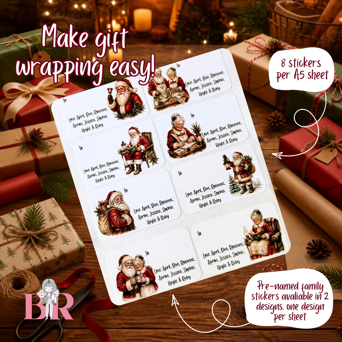 Mr & Mrs Clause Family | Christmas Present Labels | Group Stickers | Easy Packing