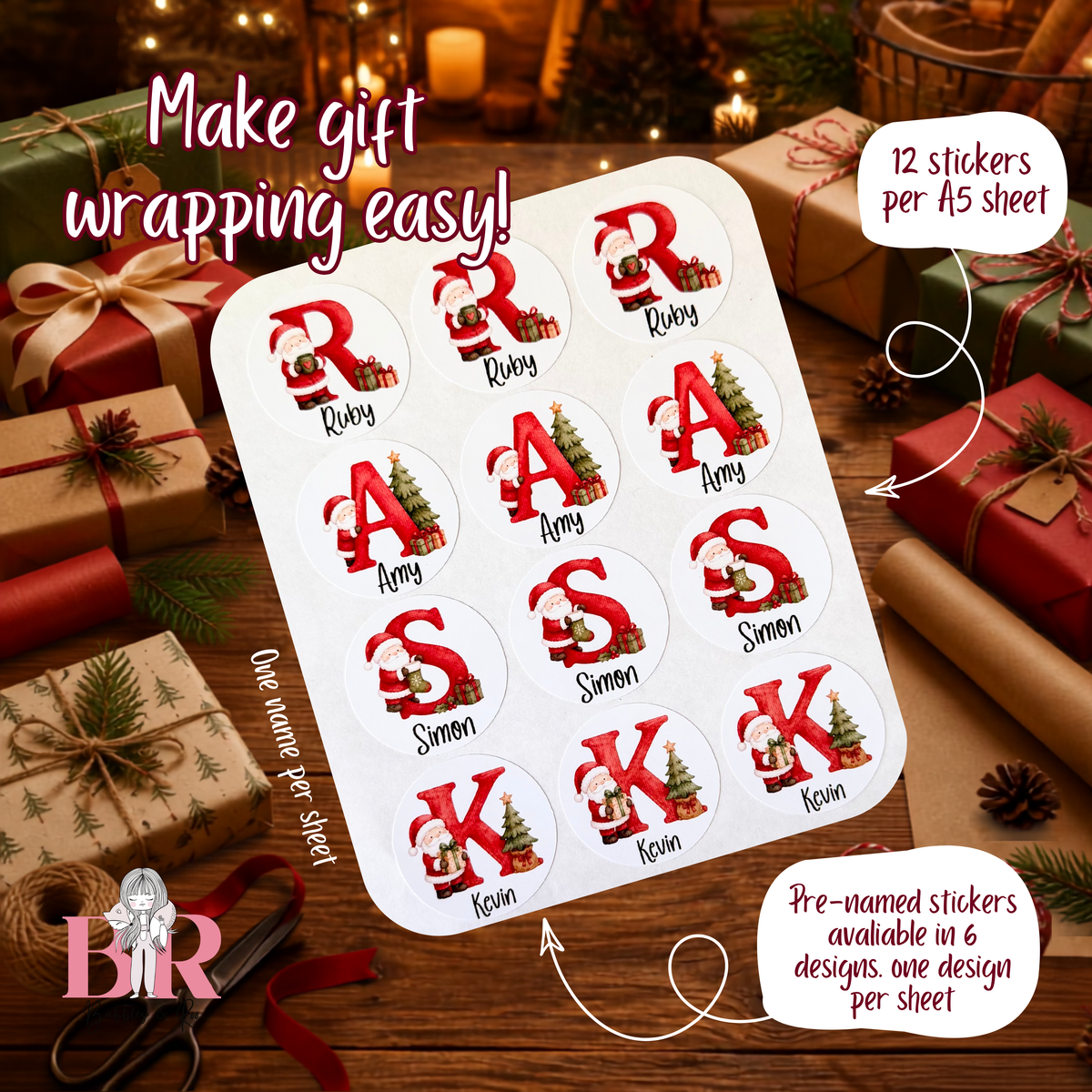 Christmas Santa Initials | Christmas Present Labels | Name Stickers | Easy Packing