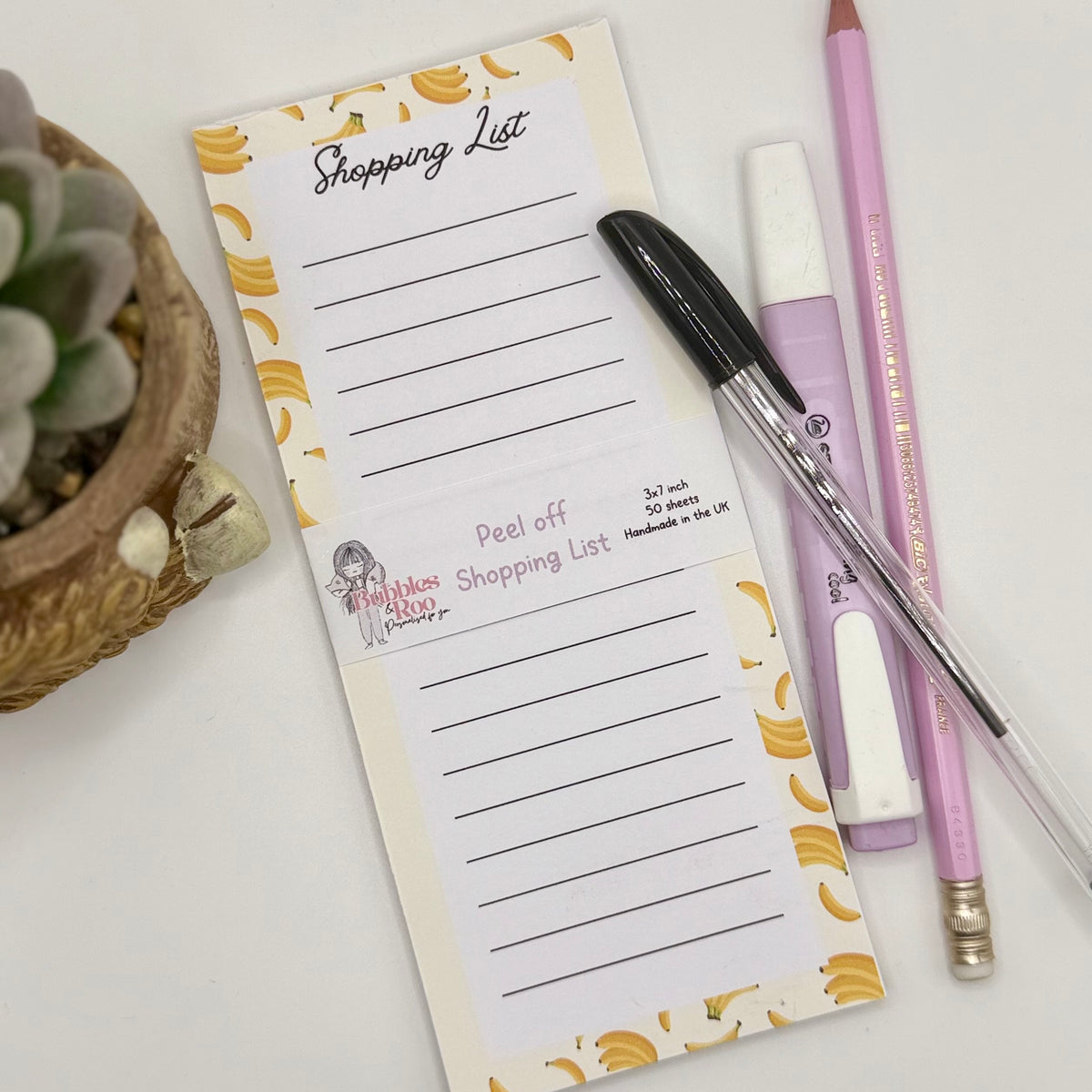 Shopping list | Banana | 3x7inch note pad | Notes | Stationary